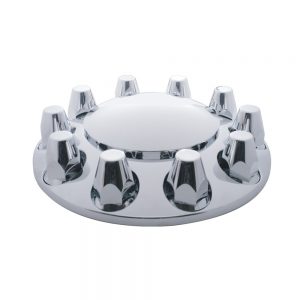 (CARD) CHROME PLASTIC FRONT AXLE COVER W/ REMOVABLE HUB CAP - 33mm THREAD-ON NUT COVER
